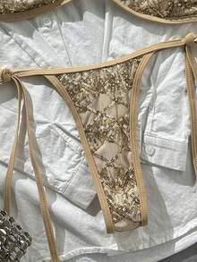 SHEIN Swim Swim Vcay 2件式亮片紋理掛脖比基尼套裝，綁帶側邊泳褲，春夏季海灘度假性感泳裝 - 彩色 - 查看 4