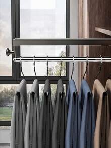 1pc Gunmetal Gray Pull-Out Sliding Clothes Hanger, Convenient And Quick, Multi-Functional Wardrobe Storage, With Painted Metal Hangers, Heavy-Duty Adjustable Clothes Rod, Space-Saving Aluminum Hanger Rod, Suitable For Bedroom Wardrobes, Apartments, And Dormitories. - Grey - View 4