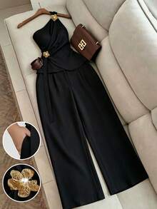 Set de 2 piezas con parte superior sin mangas de hombro asimétrico y falda para mujeres - Negro - Ver 4