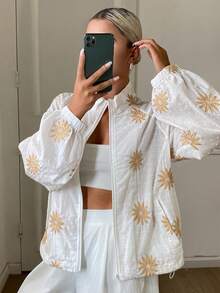 Livesso Áo khoác nữ cổ cao dáng rộng in hoa, kiểu dáng thường ngày. - Màu be - Xem 7
