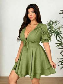 Vionelle Plus Size Deep V-Neck Puff Sleeve Fitted Party Mini Dress - Mint Green - View 4