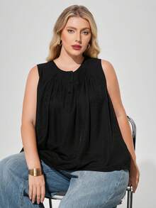 Maija Plus Size Solid Color Round Neck Sleeveless Pleated Loose Casual Camisole Top For Summer Vacation Plain Black Going Out Outfits Summer Outfits For Vintage Women Old Money Teacher For Women Romantic, Fashion, Versatile Summer Women Party Top Beach Holiday Vacation Going Out Graduation Elegant Casual Formal Attire Work Office For Women - Black - View 1