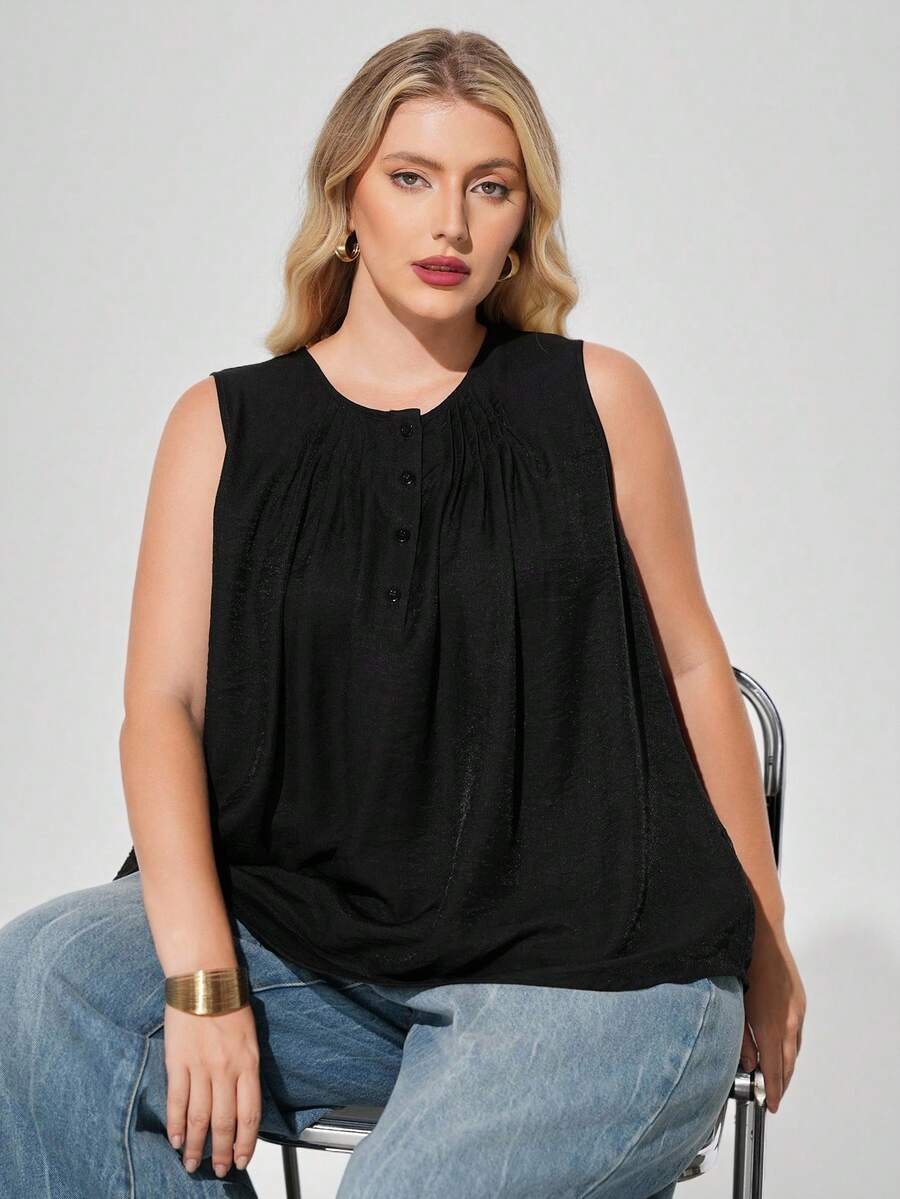 Maija Plus Size Solid Color Round Neck Sleeveless Pleated Loose Casual Camisole Top For Summer Vacation Plain Black Going Out Outfits Summer Outfits For Vintage Women Old Money Teacher For Women Romantic, Fashion, Versatile Summer Women Party Top Beach Holiday Vacation Going Out Graduation Elegant Casual Formal Attire Work Office For Women - Black - View 1