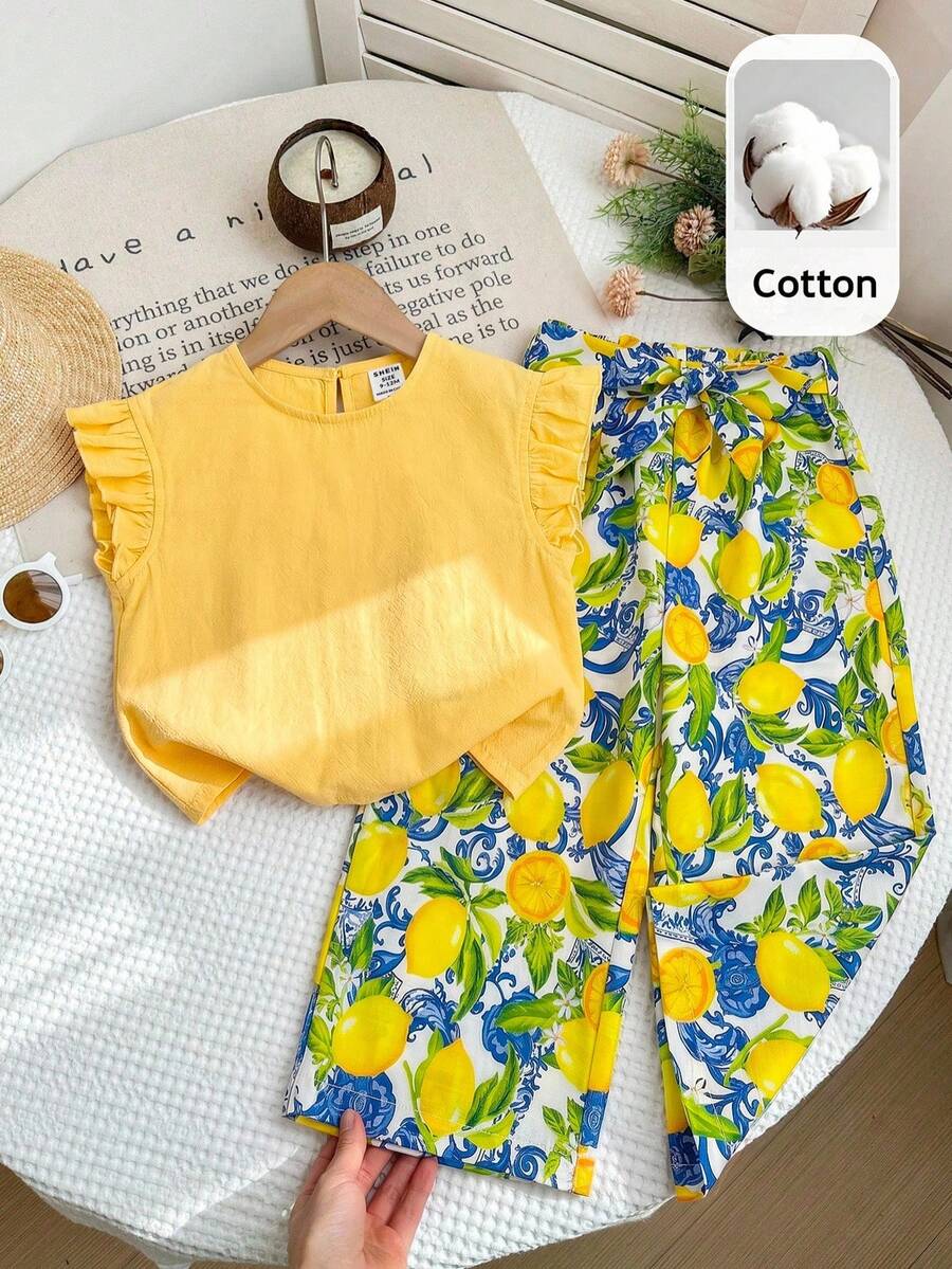 SHEIN Bộ 2 món cho bé gái, gồm áo dệt trơn màu có cổ bèo nhún và quần ống rộng họa tiết hoa nhí. - Nhiều màu - Xem 1