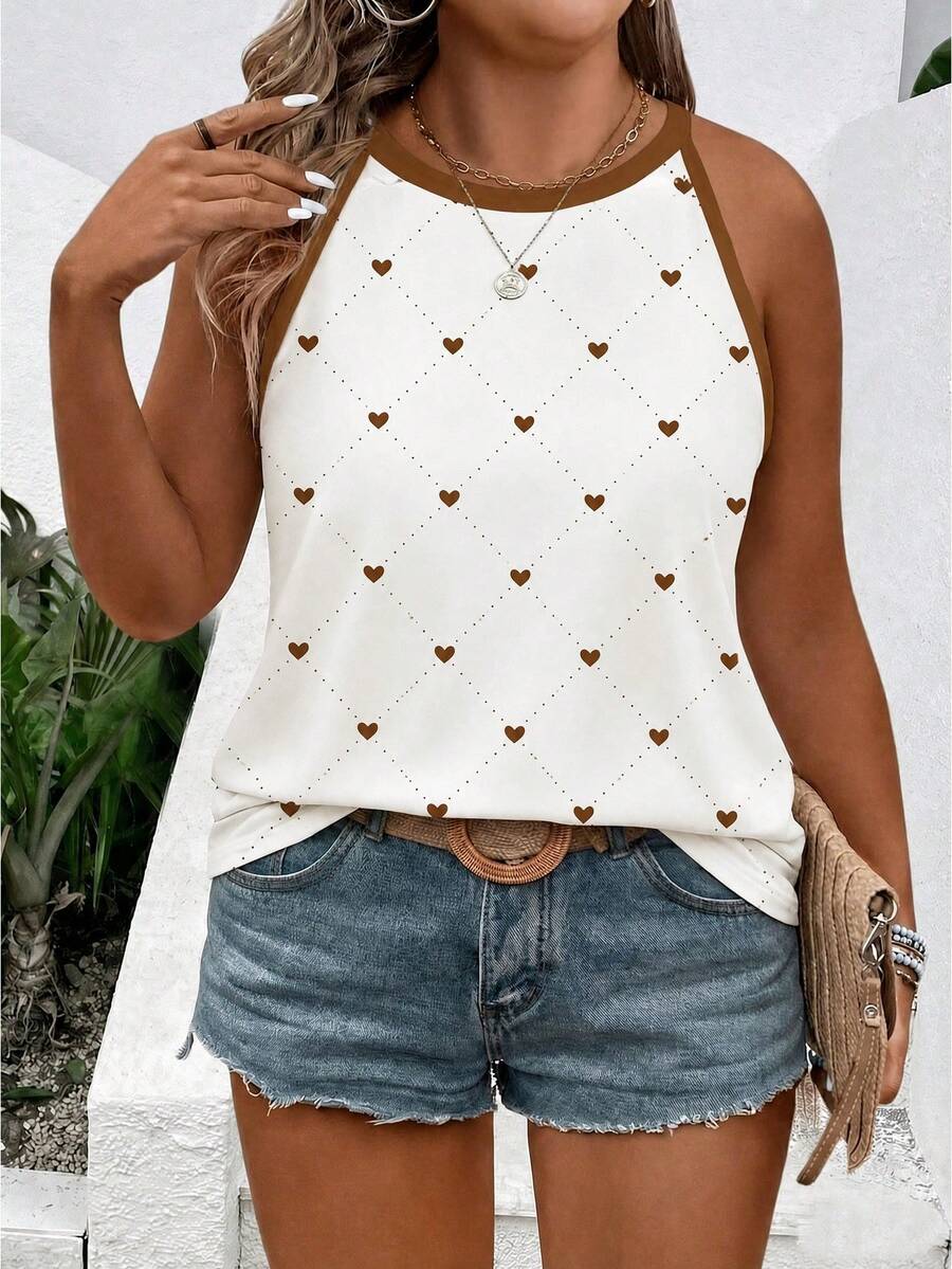 Áo camisole mùa hè cỡ lớn, kiểu dáng thường ngày, in hình trái tim, viền ren. - Nhiều màu - Xem 1