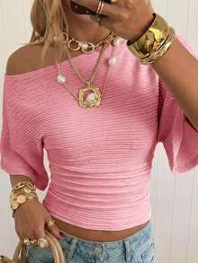 SHEIN EZwear Áo thun nữ dệt kim jacquard sọc dọc màu hồng tối giản, phong cách thường ngày, thích hợp cho mùa xuân/hè, chất liệu vải có họa tiết, thích hợp cho kỳ nghỉ, mùa hè, Giáng sinh, Năm mới, Lễ Tạ ơn, Tiệc tùng, Đám cưới, Bãi biển, Lễ tốt nghiệp, Thời trang, Thanh lịch, Thường ngày, Đi chơi, Hẹn hò, Cuộc hẹn, Đi làm, Bóng bẩy, Ngày lễ tình nhân, Thanh lịch, Kỳ nghỉ, Thường ngày, Y2K, Đi chơi, Lễ tốt nghiệp - Hồng - Xem 3