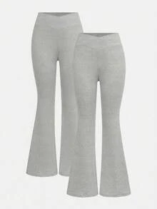 Girlism 2pcs Teen Girls' Grey Solid Knit Flare Leggings,Winter Waist Criss-Cross Design Skinny Casual Flare Pants Set,Versatile Everyday & - Grey - View 8