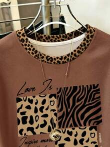 Resyla Leopard Print Patchwork Short Sleeve T-Shirt For Women, New Summer American Retro Color-Block Top, Slim Fit, Flattering, Versatile Round Neck Base Shirt, Niche Design Hot Girl Tee - Camel - View 3