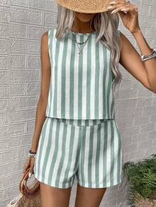 EMERY ROSE Women's Woven Striped Casual Summer Two Pieces Set - Dark Green - View 5