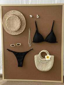 Swim Basics Summer Beach Triangle Thong Bikini Set - Black - View 5