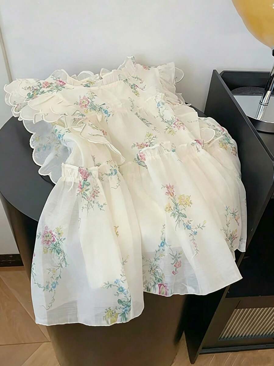 Everyssa Women's Elegant Floral Print Frill Trim Blouse, Summer - Apricot - View 1