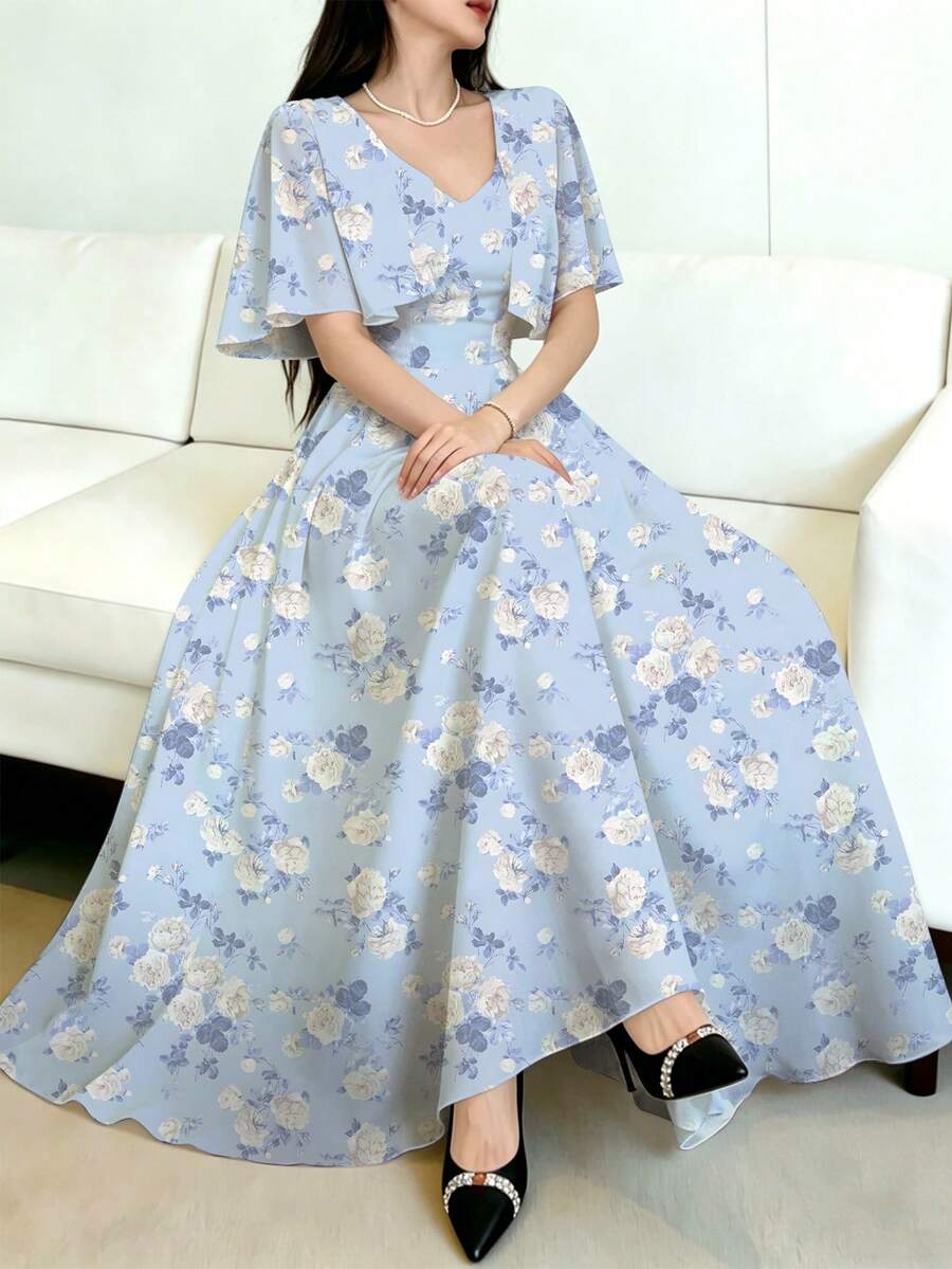 Modelyn 女士短袖连衣裙,女士短袖数码印花收腰连衣裙,披肩袖荷叶边下摆,优雅美丽,尽显迷人风采,时尚优雅,Y2K涤纶面料,适合外出、节日、派对等场合。女士夏季连衣裙,女士约会、派对、度假连衣裙。女士连衣裙,碎花连衣裙,沙滩度假碎花连衣裙 - 藍色 - 查看 1