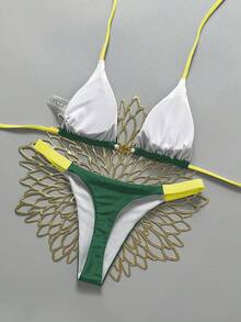Swim Vcay 女士两件套贝壳装饰系带露背比基尼套装，撞色设计，海滩度假 - 綠色 - 查看 2