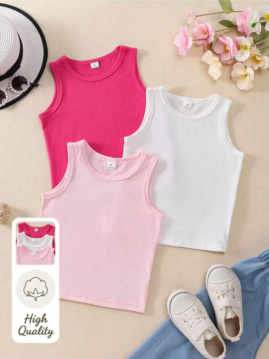 SHEIN 女童夏季纯色无袖背心,简约休闲时尚。亮丽的紫红色、简洁干净的白色、柔和的浅粉色,适合春夏外出和居家穿着。 - 彩色 - 查看 1