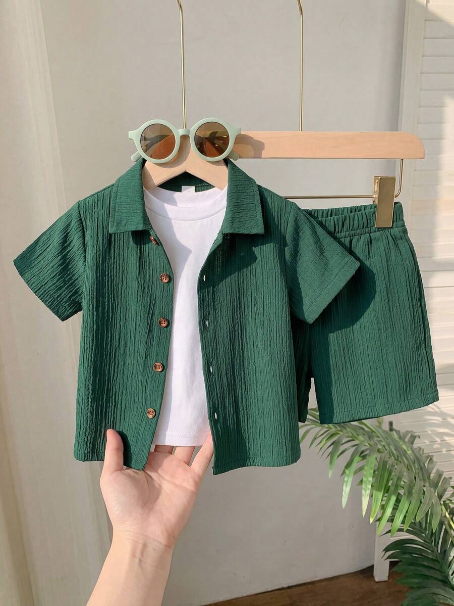 SHEIN Bộ 2 áo sơ mi và quần short cài nút họa tiết thường ngày mùa hè cho bé trai - Màu xanh lá cây đậm - Xem 1