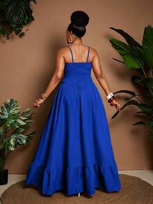 Maweii Plus Size Women Vacation Solid Color Hollow Out Sexy Spaghetti Strap Dress - Royal Blue - View 6