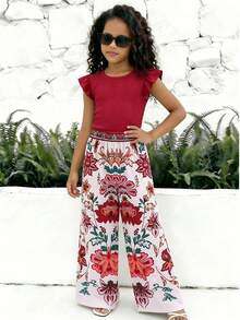 SHEIN Bộ 2 món cho bé gái tuổi teen, gồm áo dệt kim cổ tròn tay phồng và quần ống đứng in họa tiết, phong cách thường ngày thoải mái, phù hợp cho mặc hàng ngày và đi nghỉ mát mùa xuân/hè. - Đỏ - Xem 1