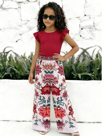 SHEIN 2 Stück/Set Mädchen Strickoberteil mit strukturiertem Rundhalsausschnitt und Puffärmeln und bedruckte gerade geschnittene Hose, lässiger Urlaubsstil, geeignet für Frühling/Sommer Alltagsmode und Urlaub