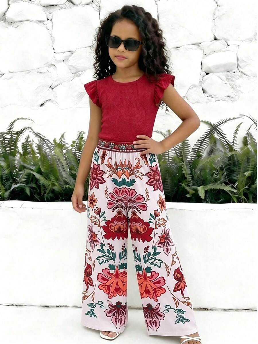 SHEIN Bộ 2 món cho bé gái tuổi teen, gồm áo dệt kim cổ tròn tay phồng và quần ống đứng in họa tiết, phong cách thường ngày thoải mái, phù hợp cho mặc hàng ngày và đi nghỉ mát mùa xuân/hè. - Đỏ - Xem 1