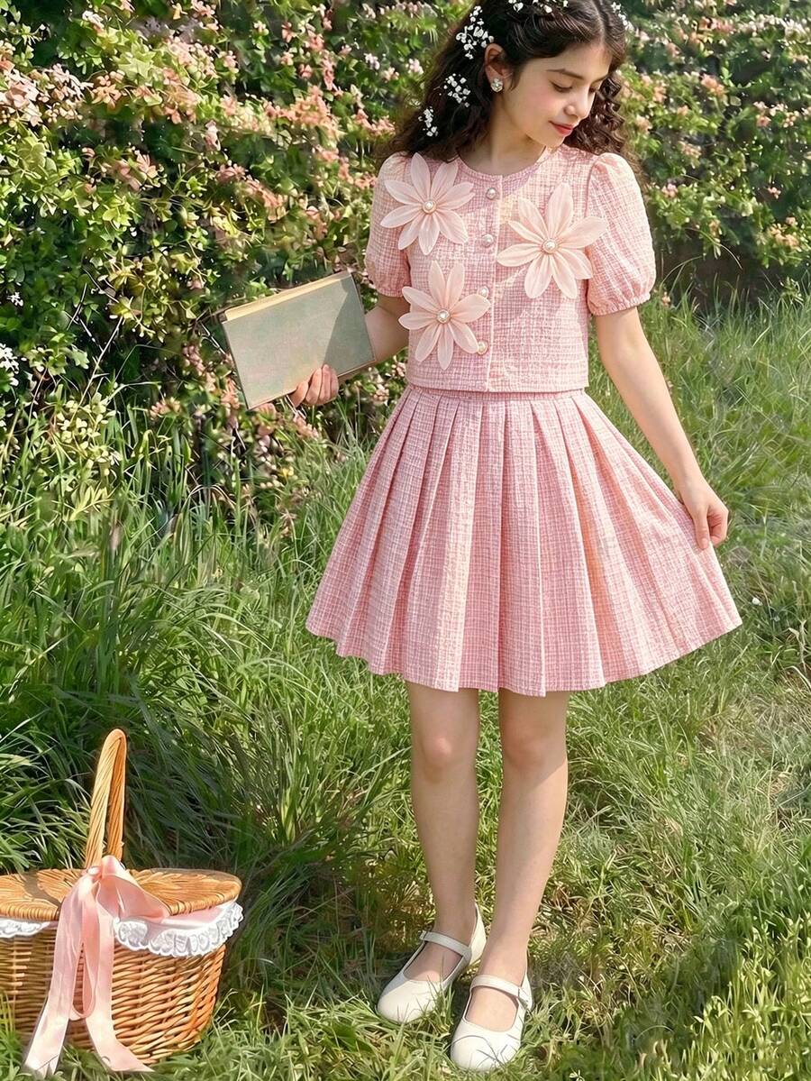 SHEIN Elladie kids Bộ 2 món cho bé gái tuổi teen, kiểu dáng thanh lịch thường ngày: áo dệt kim jacquard màu vàng, áo khoác cardigan jacquard bóng màu trắng có cúc ngọc trai và chân váy xếp ly, thích hợp cho dã ngoại. - Hồng - Xem 1