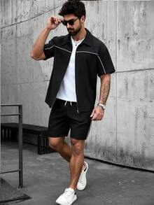 SLATEMANN Men's Striped Zip Collar Contrast Color Short Sleeve Shirt And Drawstring Waist Pocket Shorts Set - Black - View 7