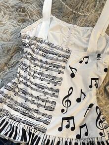 IslaSuriya Plus-Size Y2K Elegant 90s Style Fitted Crop Top, Musical Score And Note Prints With Bow, Black And White, Summer, Elegant, Concert Dates - Multicolor - View 6