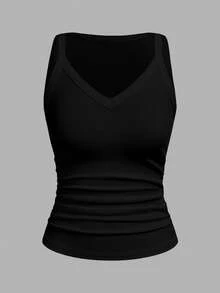 Slaydiva 91% Cotton Black Summer Casual Everyday Women Tank Top,Solid Ribbed V-Neck Racerback Gathered Basic Versatile Outfits For Party,Sports & Yoga - Black - View 2