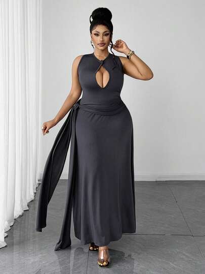 Maweii Plus Size Vintage Sexy Round Neck Hollow Out Fitted Knit Dress For Women