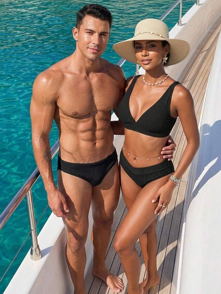 Manfinity Swimmode 2026新款春夏男士纯黑色宽罗纹舒适休闲沙滩派对冲浪泳裤 - 黑色 - 查看 1