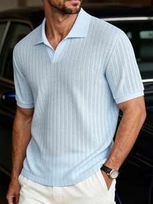 Manfinity Bizformal 男士淺藍色夏季休閒度假 Polo 衫，幾何菱格紋理提花針織短袖老錢風法式優雅 Polo 衫，正式款 - 淺藍色 - 查看 1