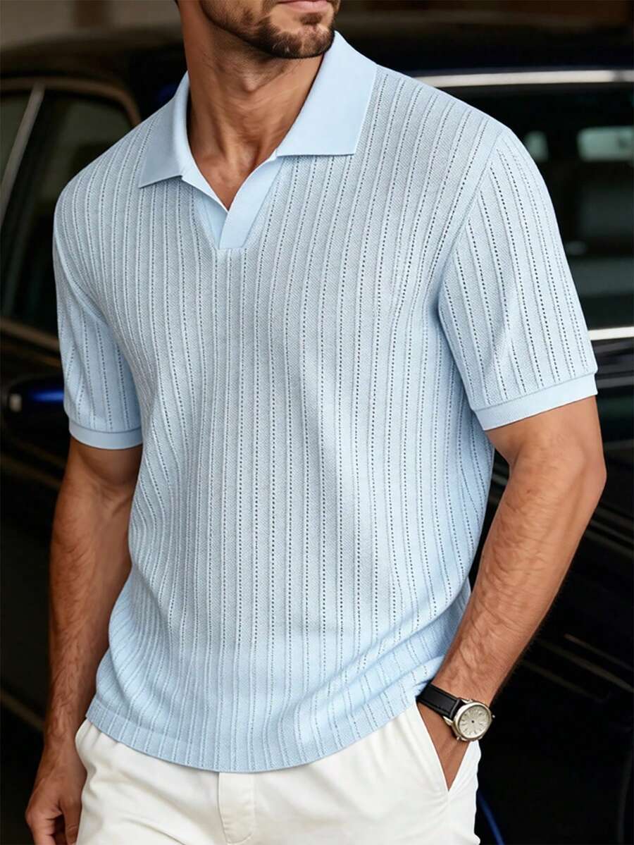 Manfinity Bizformal 男士淺藍色夏季休閒度假 Polo 衫,幾何菱格紋理提花針織短袖老錢風法式優雅 Polo 衫,正式款 - 淺藍色 - 查看 1