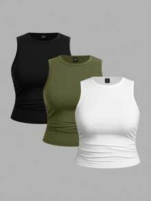 Solflare Women's Casual Minimalist Solid Color Plus Size Round Neck Tank Tops 3pcs Set Suitable For Summer - Multicolor - View 1