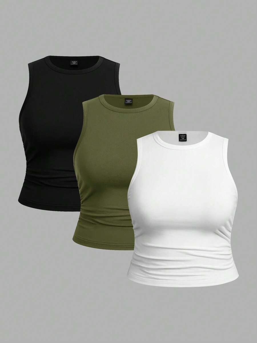Solflare Women's Casual Minimalist Solid Color Plus Size Round Neck Tank Tops 3pcs Set Suitable For Summer - Multicolor - View 1