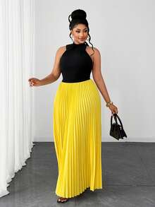 Maweii Plus Size Women's Bowknot Cold Shoulder Backless Pleated Halter Dress - Yellow - View 4