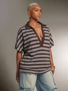 Denimoi Blusa de polo a rayas con cuello de solapa y escote pronunciado, top de moda - Marrón Mocha - Ver 4