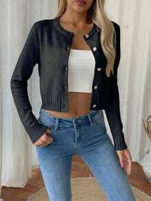 Femmeiva Casual Solid Color Cropped Cardigan, Autumn Fall Winter Cloth For Women - Black - View 5