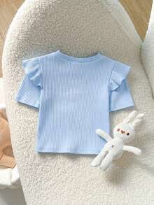 Cozy Pixies Blusa de manga corta con cuello redondo y volantes de punto suave de unicolor para niña bebé - Celeste - Ver 2