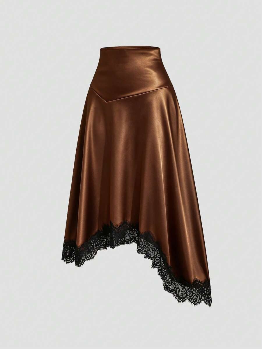 Sweetra Y2K Sexy Lace Patchwork Elegant Resort Satin Mini Skirt - Coffee Brown - View 1