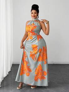 Maweii Vestido de vacaciones con estampado floral, cuello halter y cintura fruncida para tallas grandes - Multicolor - Ver 1