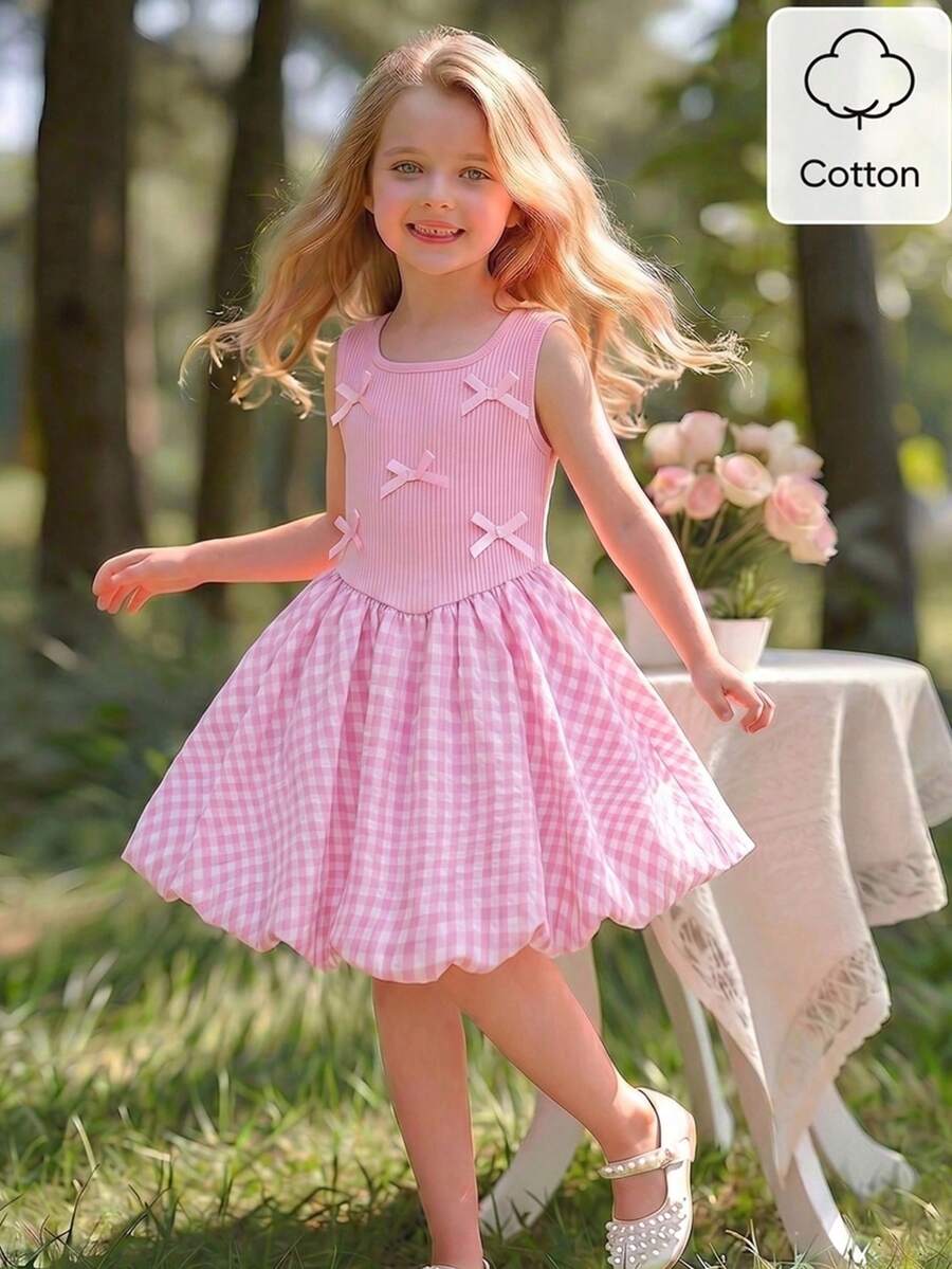 Elladie kids Đầm hồng không tay cho bé gái, phần thân trên dệt kim có điểm nhấn nơ, chân váy phồng kẻ caro, kiểu dáng ngọt ngào, thích hợp cho mùa xuân đến đầu mùa thu. - Hồng - Xem 1