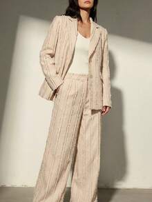 Aveloria Modichic Conjunto de chaqueta blazer con diseño de flecos de rayas verticales de borde crudo texturizado y pantalones de pierna ancha - Albaricoque - Ver 7