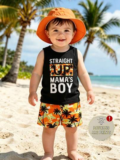Bộ đồ 2 món cho bé trai kiểu dáng nghỉ hè, gồm áo ba lỗ và quần short in họa tiết cây cọ và chữ cái nhiều màu sắc, chất liệu mềm mại, thích hợp cho các hoạt động ngoài trời mùa hè.