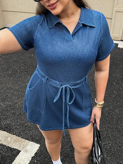 Flexra Plus Size Women's Casual Elastic Denim Knit Dress, Summer