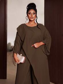 Maweii Plus Size Women's Casual Everyday Commute Solid Color Wrap Top And Wide Leg Pleated Pants Set, Spring/Autumn Fall - Coffee Brown - View 2