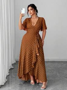 SHEIN Unity Plus Size Polka Dot Wrap Dress With Tie Waist, Ruffle Hem And Side Slit - Brown - View 1