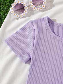 SHEIN Playful Pals 女婴甜美可爱紫色罗纹短袖T恤搭配3D立体花朵牛仔背带短裤套装，宽松舒适，适合日常外出、休闲旅行、家庭聚会、拍照等夏季穿着。 - 紫色 - 查看 6