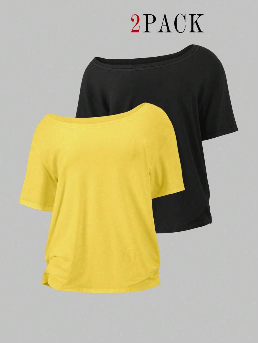 Flirla 2pcs/Set Oblique Shoulder Loose T-Shirt,Asymmetric Shoulder Off-Shoulder T-Shirt, Plus Size Women's Top - Multicolor - View 1