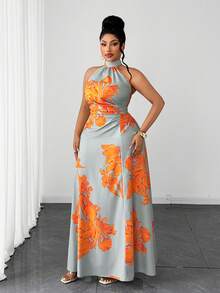 Maweii Vestido de vacaciones con estampado floral, cuello halter y cintura fruncida para tallas grandes - Multicolor - Ver 5