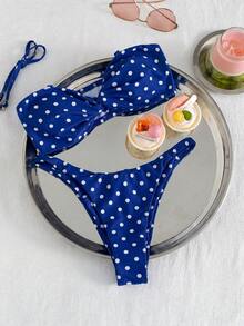 Swim Mod 女款 2 件組藍色波點比基尼套裝，優雅扭轉前胸式比基尼上衣與高衩下褲，適合夏季熱帶度假、泳池派對與旅行，甜美復古風 - 藍色 - 查看 5