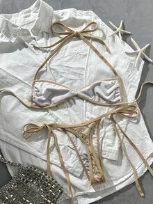 SHEIN Swim Swim Vcay 2件式亮片紋理掛脖比基尼套裝，綁帶側邊泳褲，春夏季海灘度假性感泳裝 - 彩色 - 查看 2